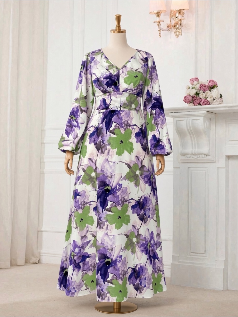 Elegant V-Neck Floral Maxi Dress in Purple, Green & White